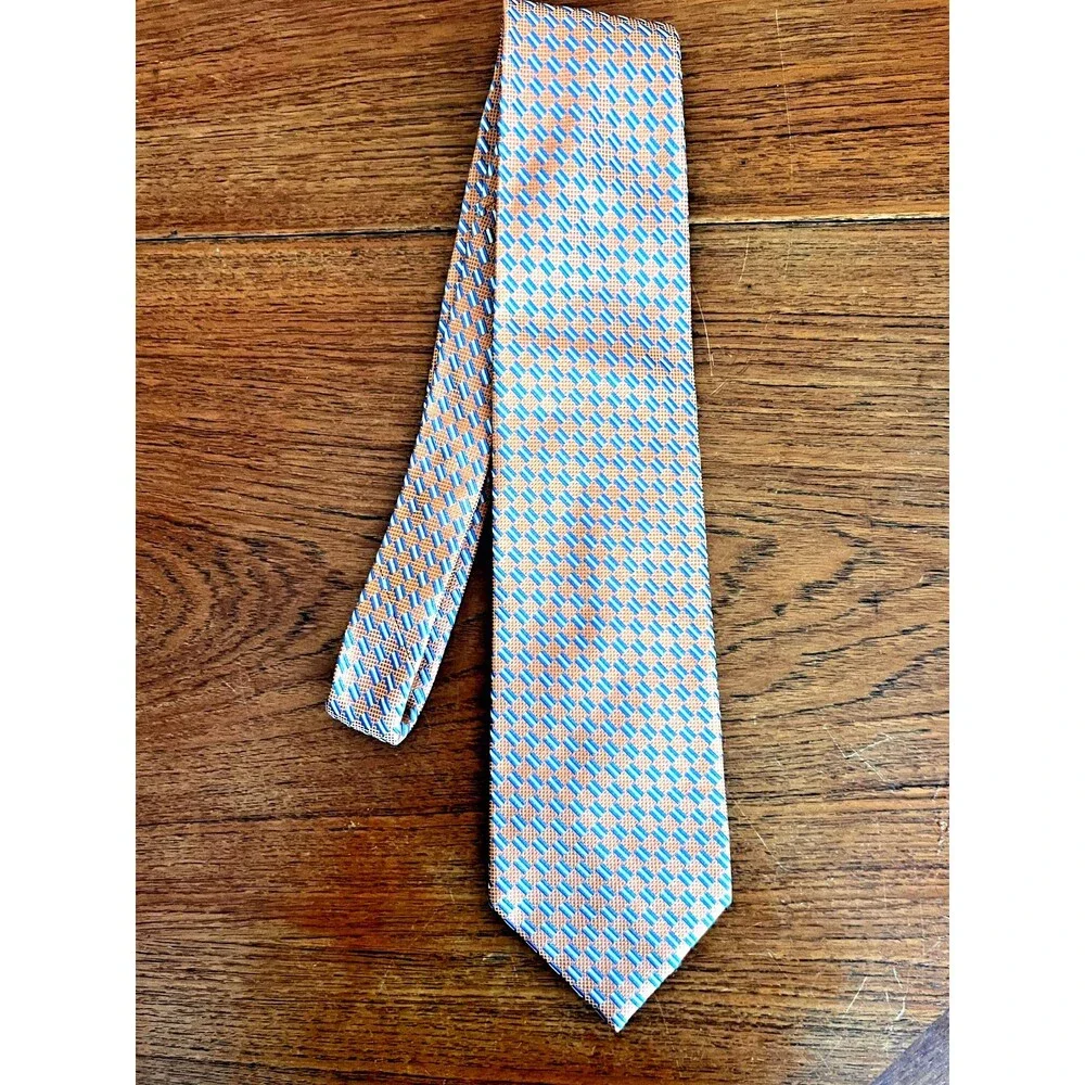Shore & Singer Silk Tie, Orange Blue Geometric Men’s Necktie, Handmade Silk Busi